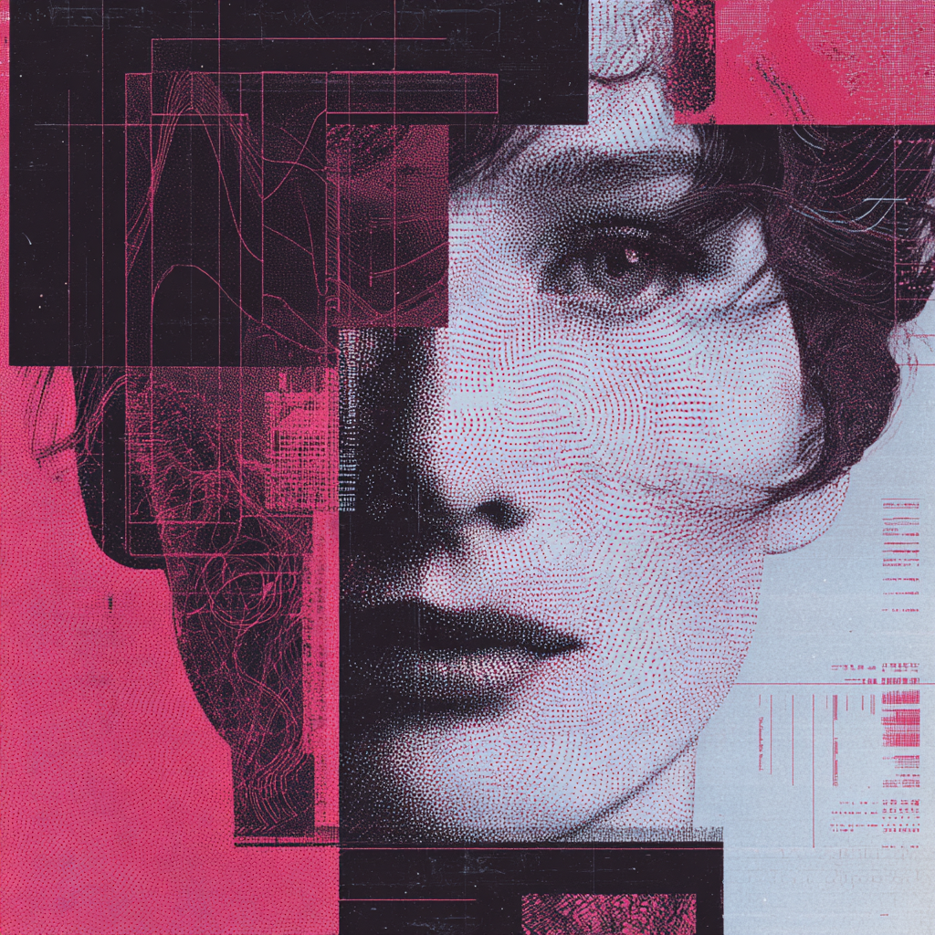 Retrato artístico de uma mulher com o rosto dividido; o lado esquerdo é abstrato em rosa e preto, e o direito pontilhado em rosa sobre azul.