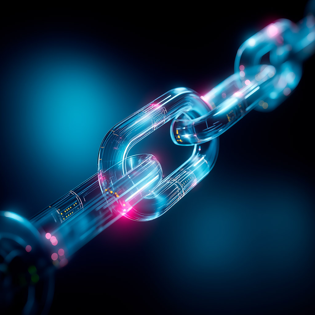 Uma corrente tecnológica futurista com elos translúcidos azuis e luzes internas rosa, representando dados e conexões digitais em um fundo escuro.