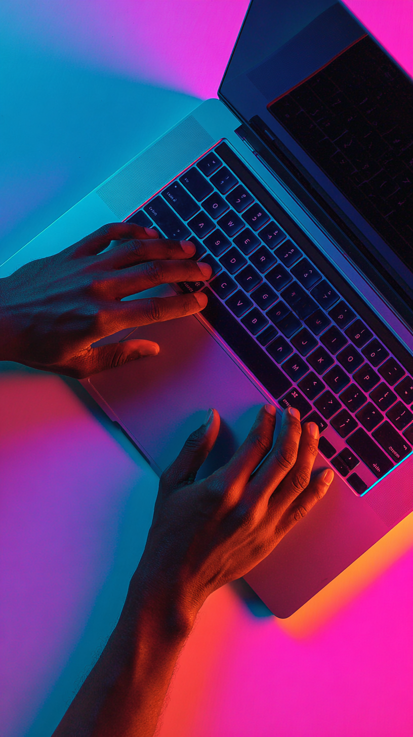 Mãos escuras digitam em um laptop com teclado retroiluminado, em um ambiente vibrante iluminado por luzes neon azul e rosa.