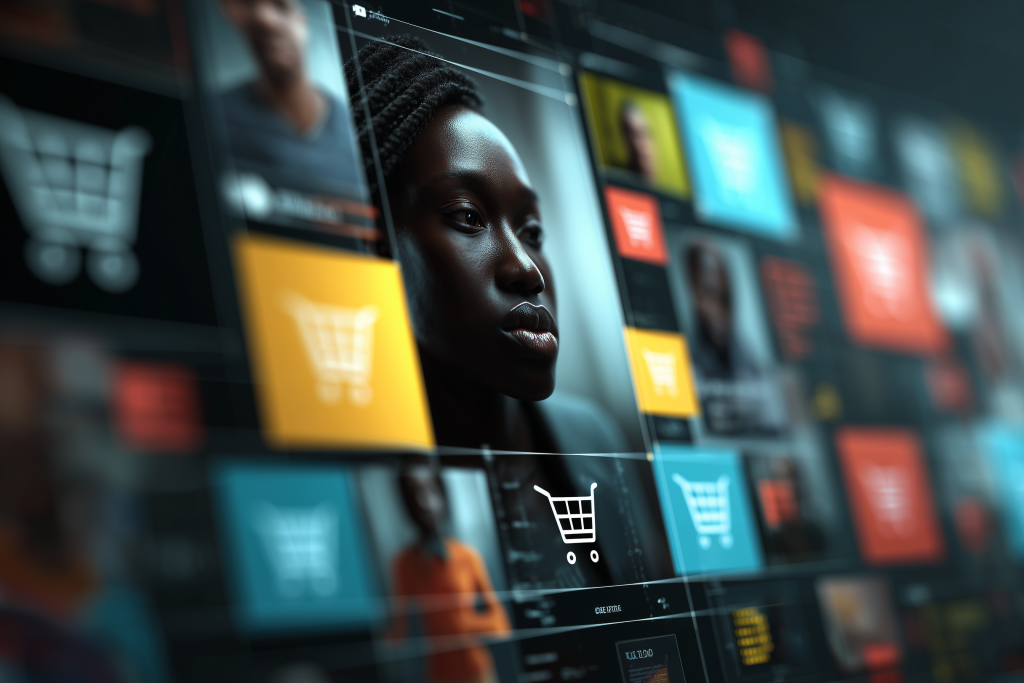 Uma mulher negra com tranças em foco está em uma grade de telas digitais, exibindo ícones de carrinho de compras coloridos e perfis de usuários desfocados.