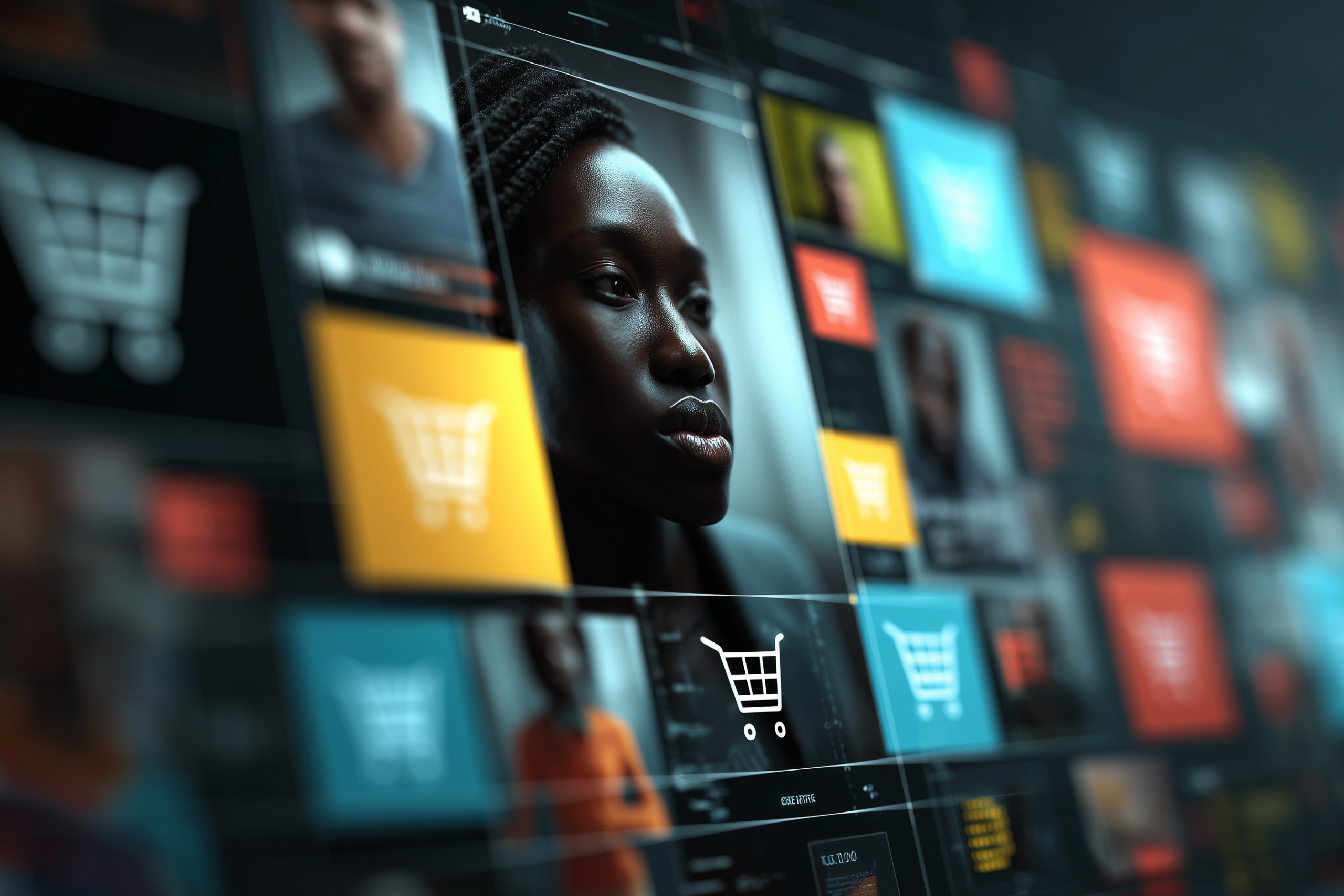 Uma mulher negra com tranças em foco está em uma grade de telas digitais, exibindo ícones de carrinho de compras coloridos e perfis de usuários desfocados.