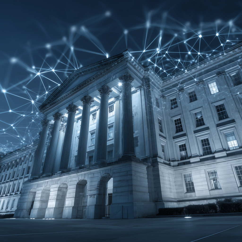Edifício governamental ou financeiro de estilo clássico, com colunas e arcos, iluminado à noite sob um céu escuro com uma rede digital brilhante.