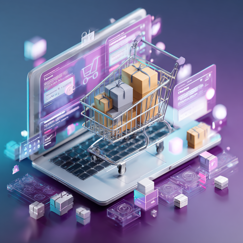 Um laptop aberto exibe interfaces de e-commerce holográficas em tons de roxo e azul, com um carrinho de compras cheio de pacotes no teclado.