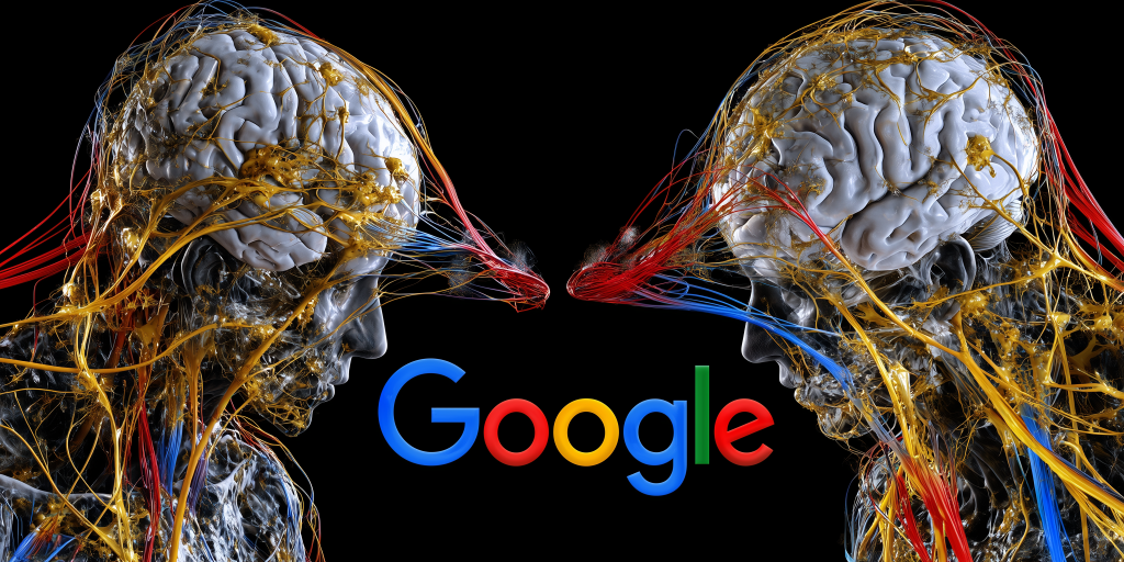 Duas cabeças com cérebros e redes nervosas complexas se encaram, com filamentos coloridos conectando-as sobre o logotipo Google em fundo preto.