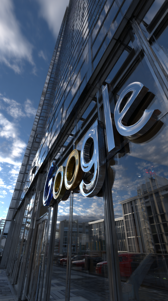 O logotipo Google, com letras metálicas azuis, douradas e prateadas, adorna a fachada de vidro de um edifício moderno, refletindo o céu azul e nuvens.