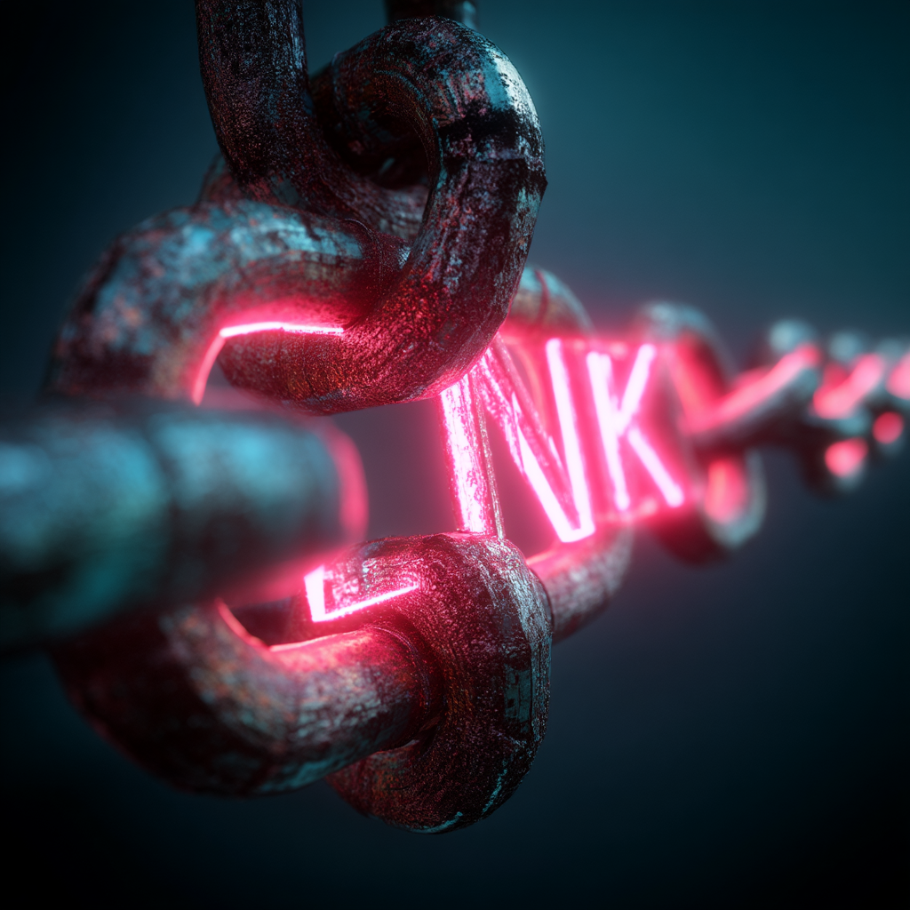 Corrente de metal enferrujada com a palavra LINK em neon rosa brilhante, estendendo-se sobre um fundo escuro e azulado.