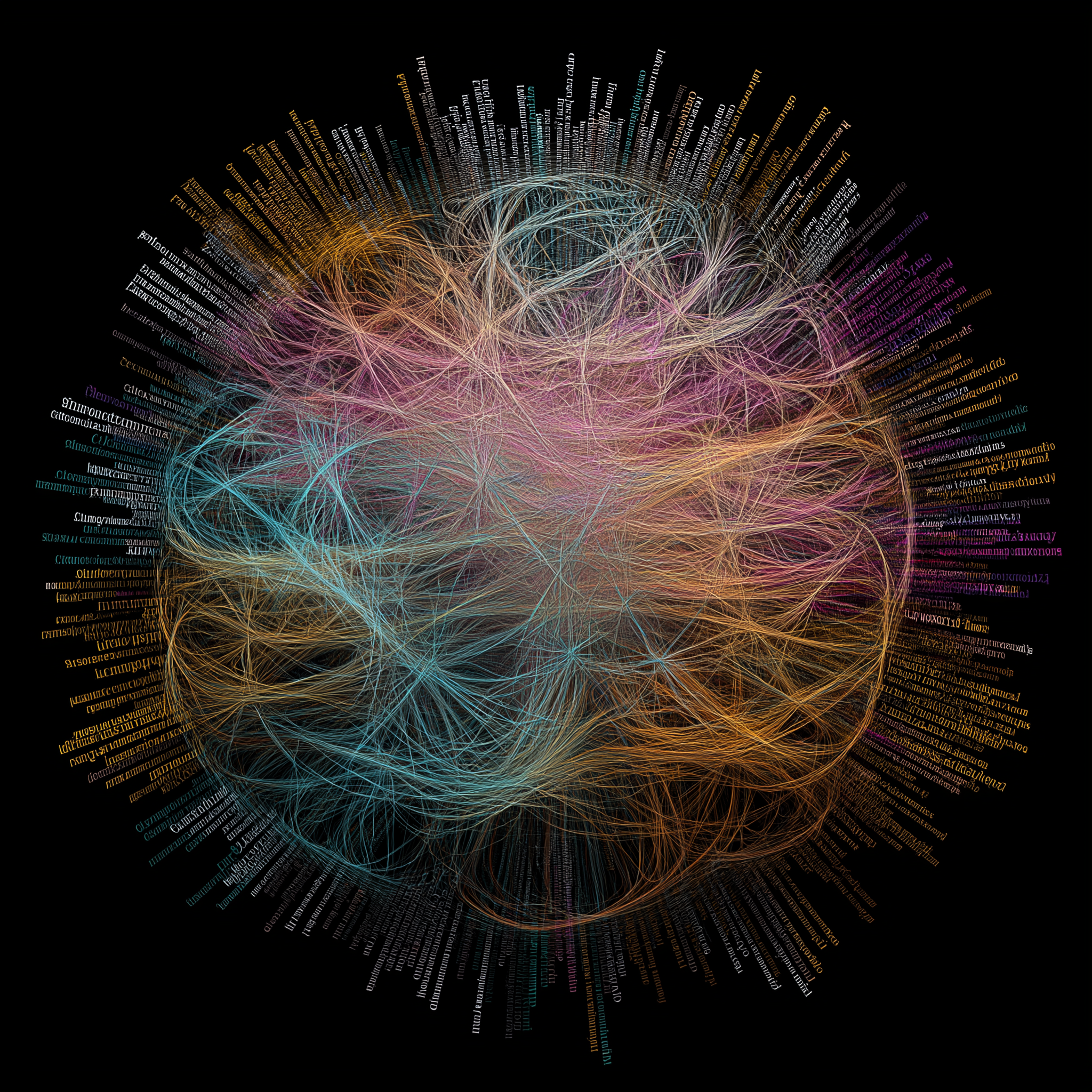 Uma visualização complexa exibe uma esfera de linhas coloridas interconectadas em tons de azul, rosa, laranja e amarelo, rodeada por inúmeras palavras radiais em um fundo preto
