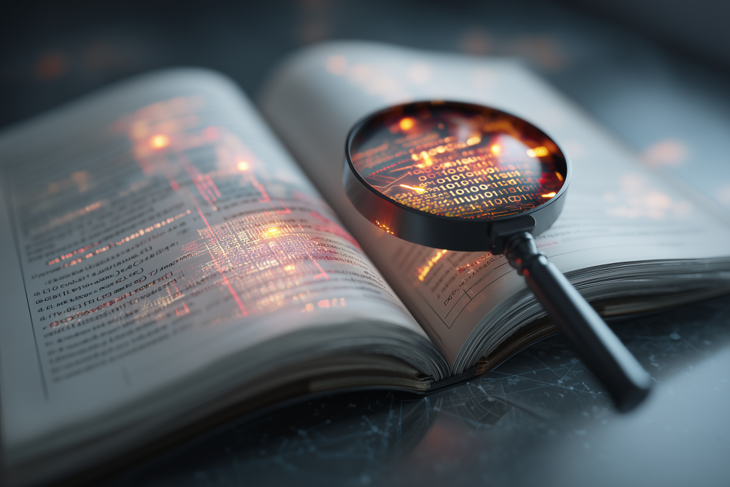 Um livro aberto com uma lupa que revela código binário e padrões de circuito digital brilhantes em suas páginas, sobre uma superfície escura.