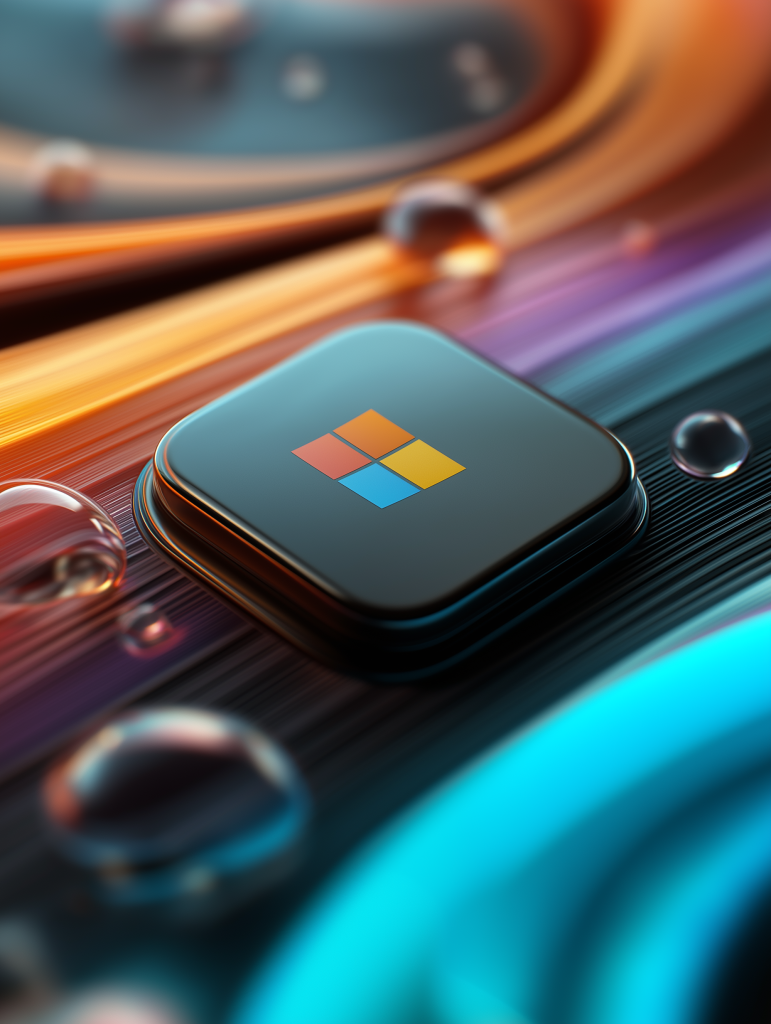 Ícone do Windows em um quadrado escuro sobre um fundo abstrato de fitas vibrantes laranja e azuis, adornado com gotas de água.