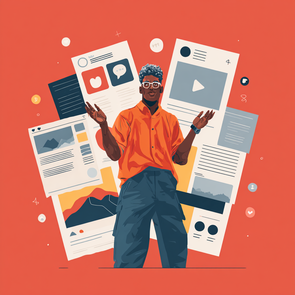 Um homem negro de camisa laranja e óculos apresenta conteúdo digital, rodeado por páginas web, elementos de redes sociais e visualizações de dados em fundo vermelho.