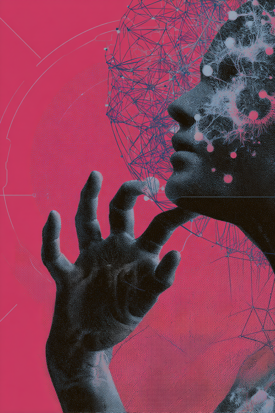 A graphic image featuring a human profile and hand in a complex, conceptual design. The main subject, a person of indeterminate ethnicity, is seen in a profile view from the right, with only the face and part of the forehead visible. The face and a portion of the background are overlaid with a network of interconnected lines and nodes, creating a cerebral or technological effect. The person's hand, positioned in the lower left, reaches towards the face, with a finger touching the lips. The hand is in sharp focus, while the face and the geometric overlay show a contrasting, halftone texture. The background is a solid, vibrant magenta, which provides a stark contrast. The lighting appears to be diffused, casting soft shadows. The overall style is modern and abstract, possibly illustrating themes of connection, technology, or the human mind. The composition is dynamic, with the hands and the network overlay overlapping, creating depth.