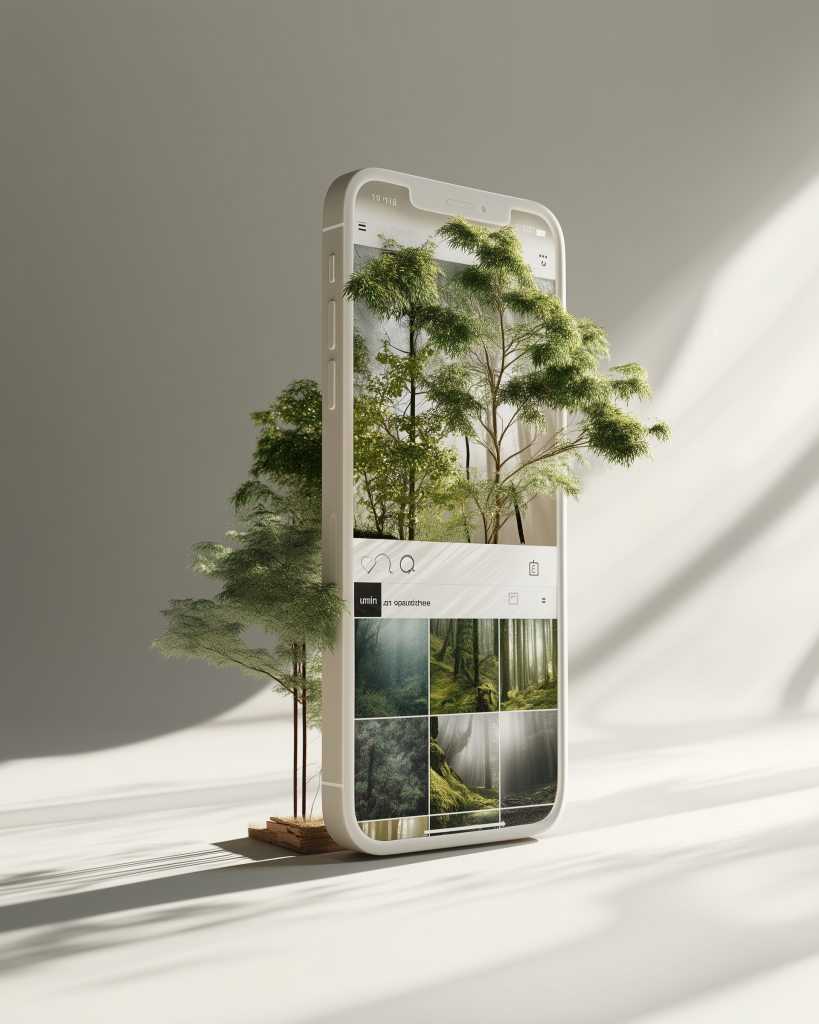 Um smartphone branco exibe uma floresta exuberante com árvores que parecem sair da tela, mostrando o texto "UMIQ" em um ambiente claro com sombras.
