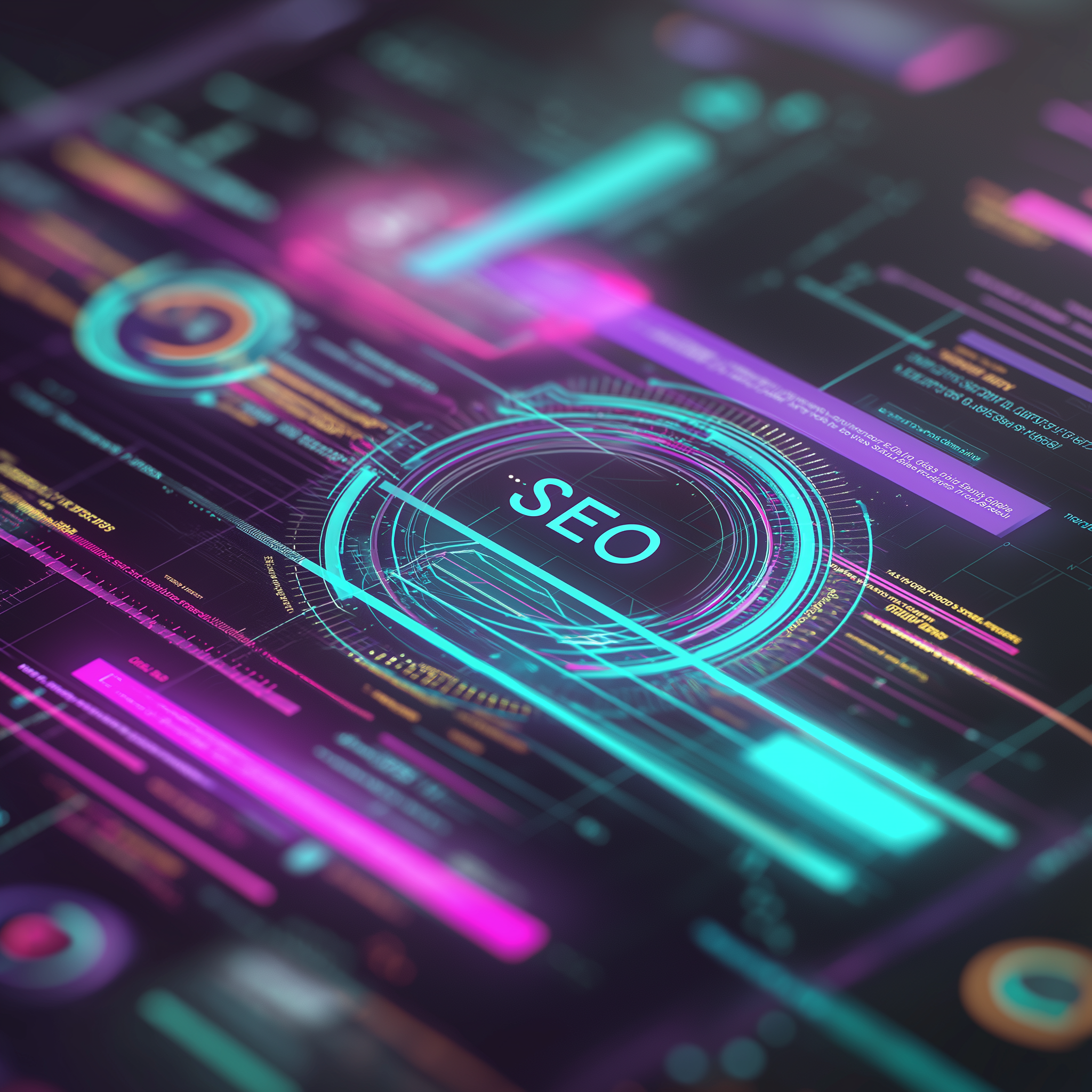 A digital abstract composition centered around the acronym "SEO." The subject is presented on a dark background filled with glowing digital elements. The central focus is a circular interface element, outlined in vibrant cyan, with "SEO" written inside in the same color.