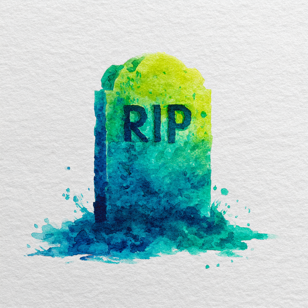 A watercolor painting depicts a tombstone centered in the frame. The tombstone is rectangular with a curved top and features the letters "RIP" in bold, dark blue.