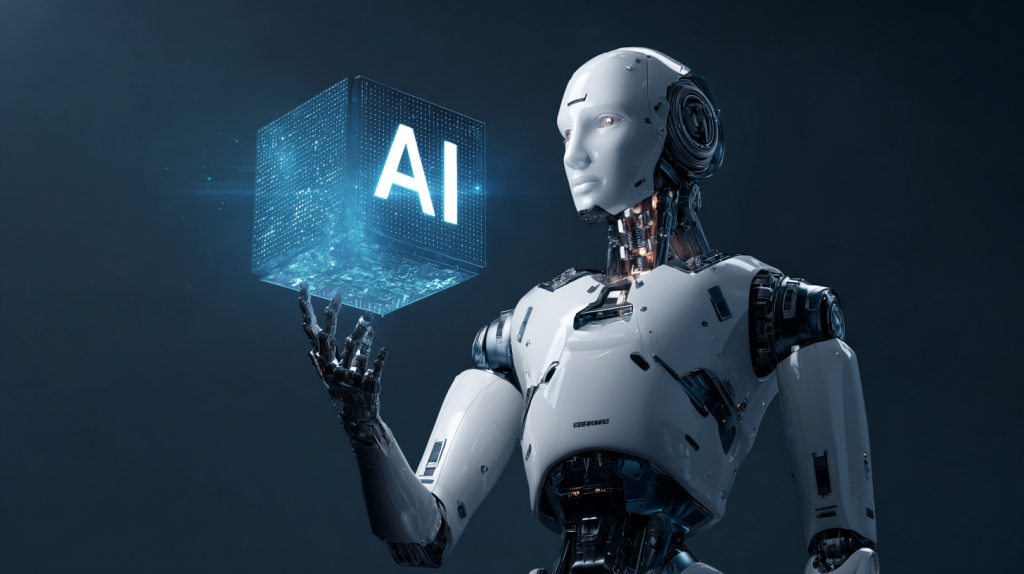 Um robô humanoide branco e elegante exibe um cubo digital azul brilhante com as letras "AI" em um fundo tecnológico escuro.