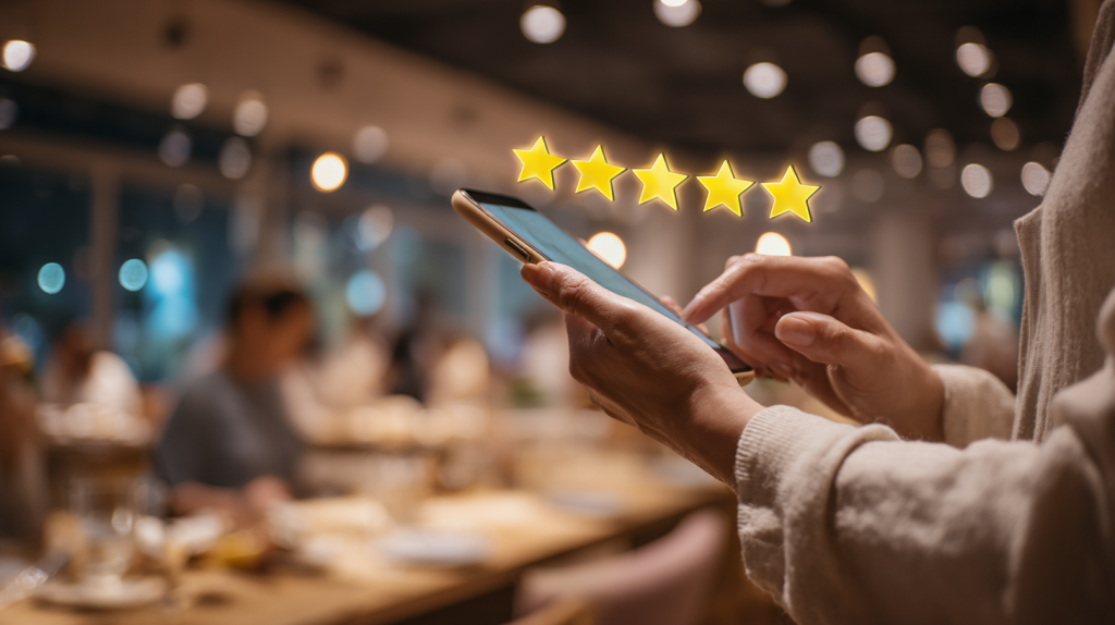 Mãos seguram um smartphone exibindo cinco estrelas douradas de avaliação, enquanto tocam a tela em um restaurante com fundo desfocado.