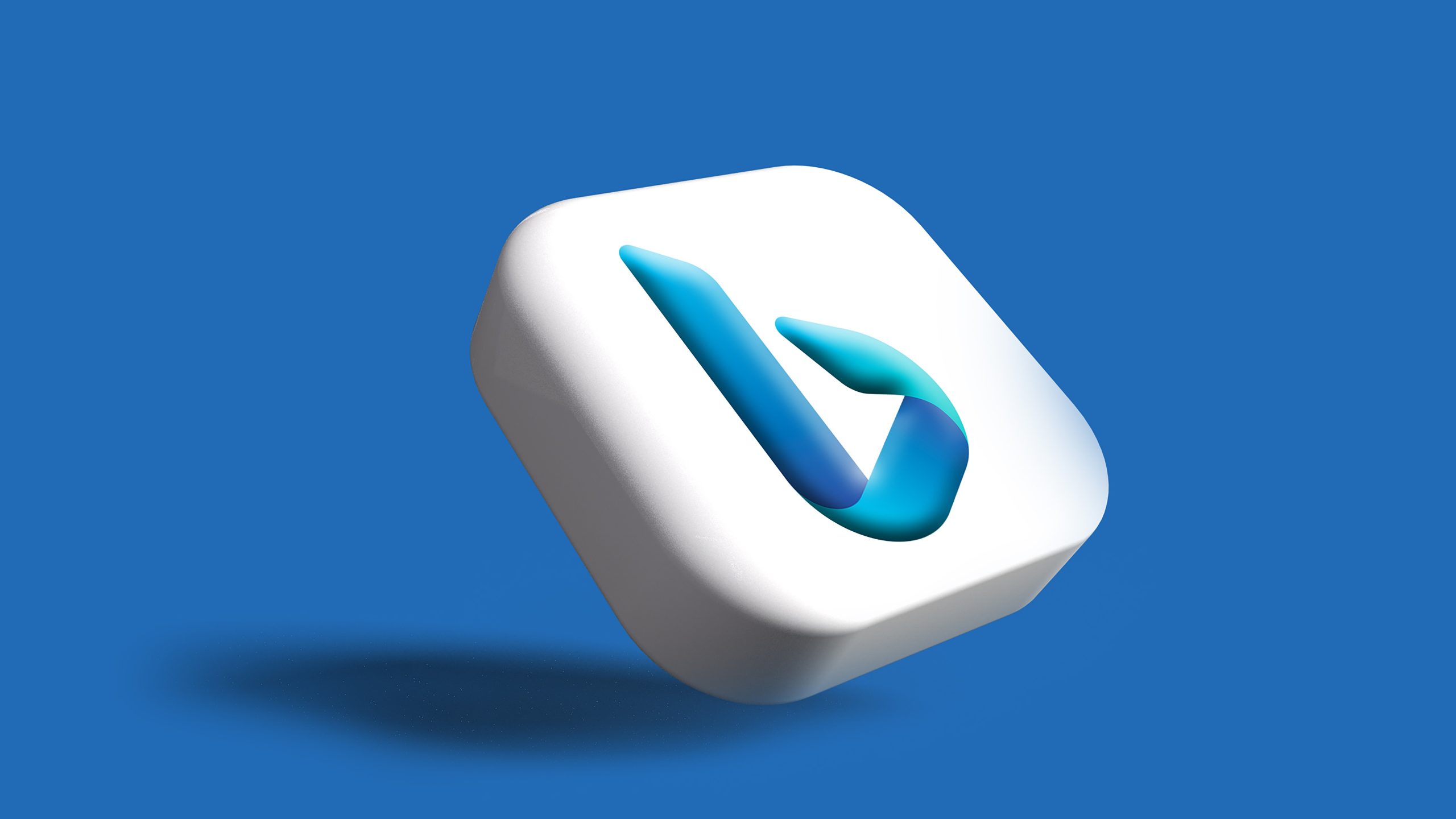 Um ícone branco 3D com o logotipo azul estilizado do Bing flutua sobre um fundo azul vibrante, projetando uma sombra suave.