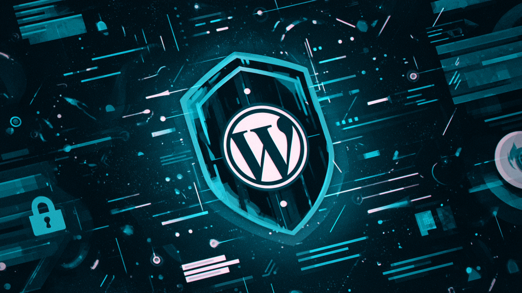 O logo do WordPress está em um escudo de segurança azul-turquesa brilhante, cercado por elementos digitais abstratos e um cadeado em um fundo tecnológico escuro.