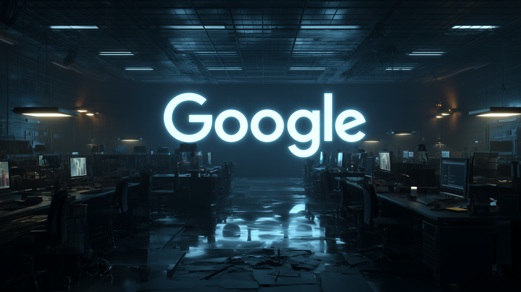 Um ambiente de escritório escuro e tecnológico, com fileiras de computadores, chão desordenado e o logotipo brilhante da Google no fundo.