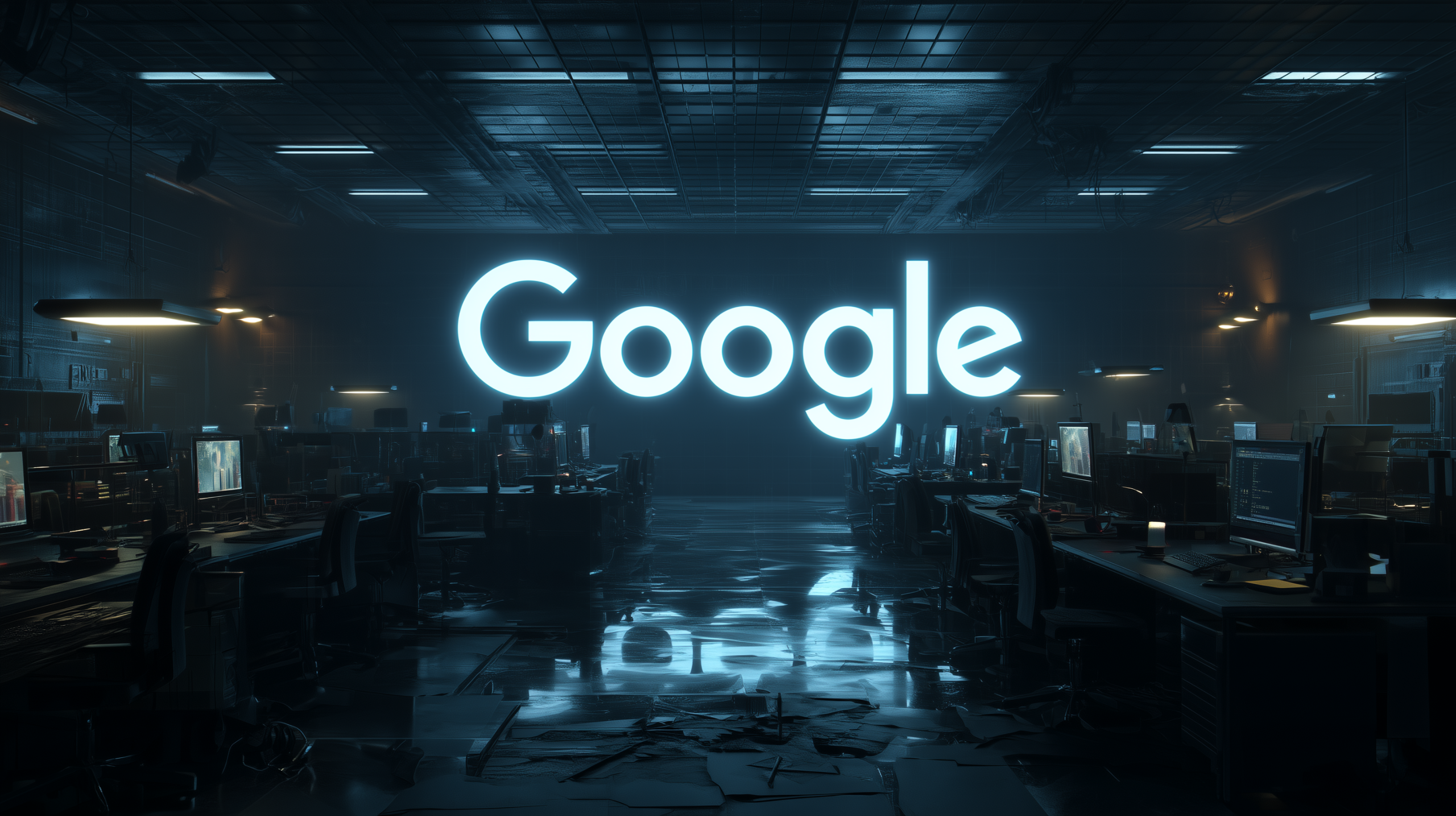 Um ambiente de escritório escuro e tecnológico, com fileiras de computadores, chão desordenado e o logotipo brilhante da Google no fundo.