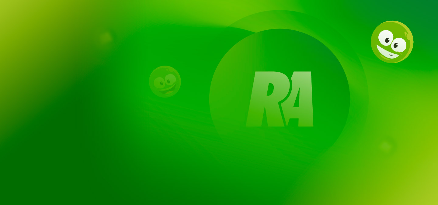 Um fundo verde vibrante com um logotipo R4 proeminente no centro e dois rostos sorridentes de desenho animado em diferentes opacidades.