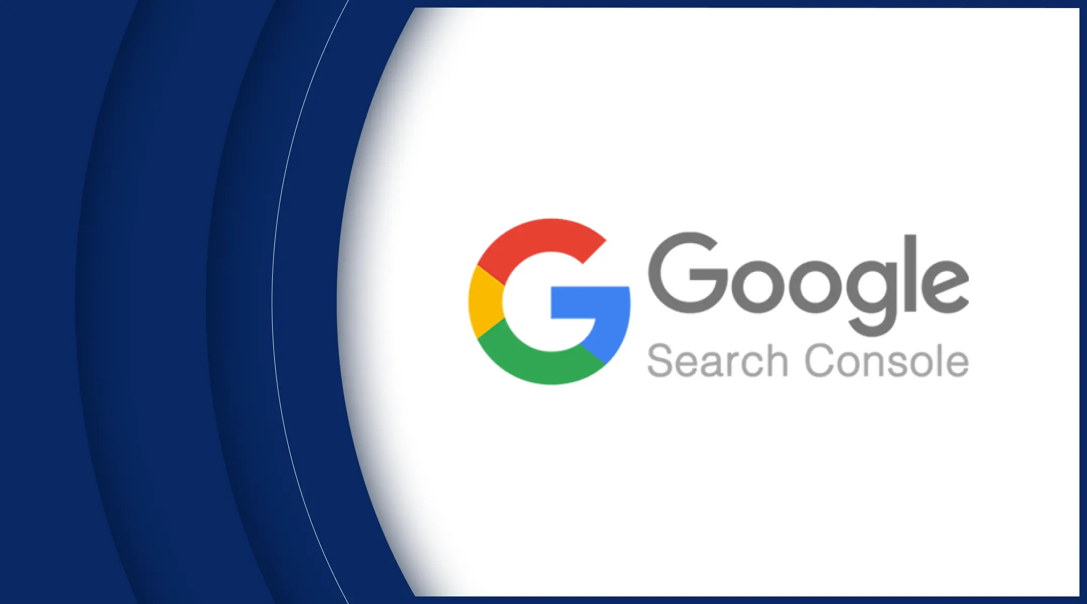 Logotipo do Google Search Console com o "G" colorido e o texto "Google Search Console" em cinza, em um fundo branco e azul escuro com curvas.