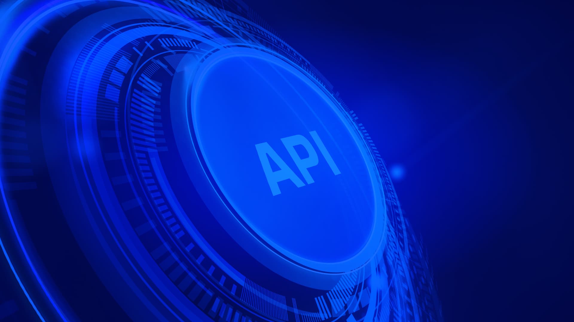 Um botão azul brilhante com a sigla "API" no centro, cercado por anéis concêntricos com padrões digitais abstratos em um fundo tecnológico azul escuro.