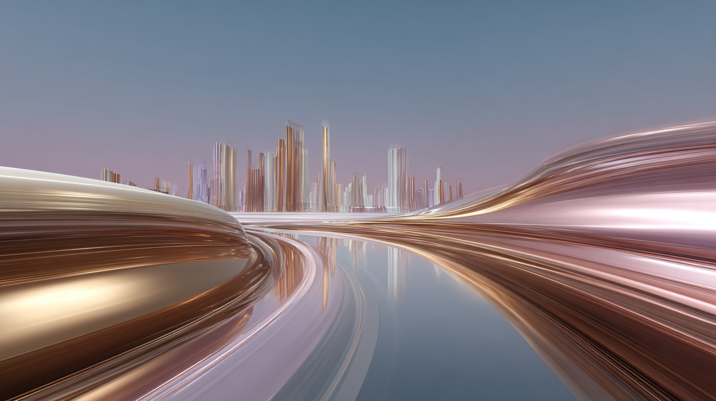 Uma paisagem urbana futurista com arranha-céus brilhantes e caminhos metálicos fluidos que se refletem em uma superfície lisa sob um céu gradiente azul e rosa.