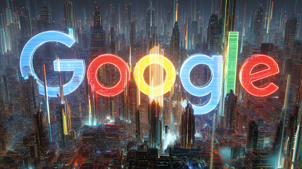 O logotipo futurista e neon do Google, em suas cores vibrantes, paira sobre uma densa cidade cyberpunk com luzes e fluxos de dados.