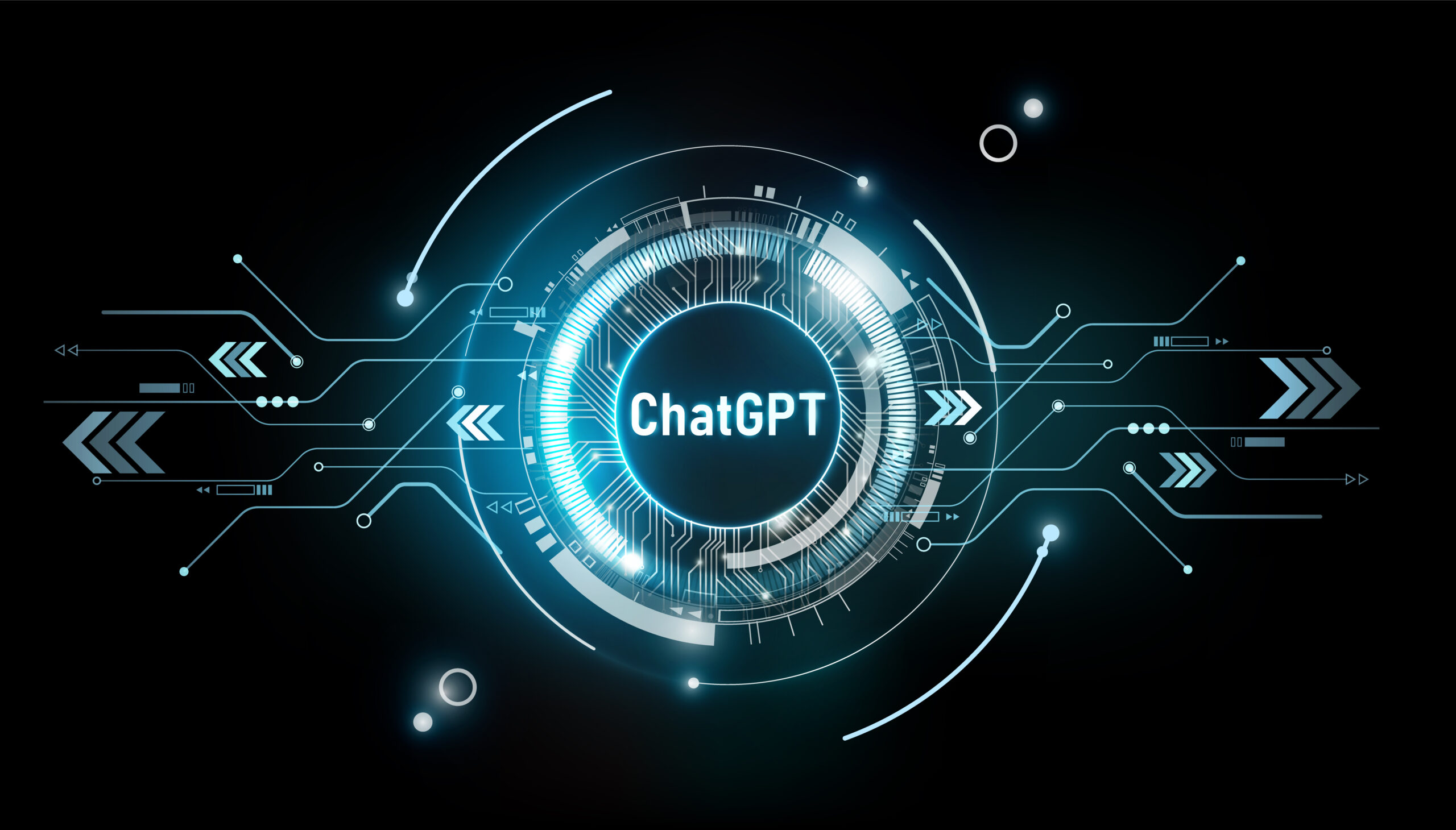 Um design tecnológico azul e cinza sobre fundo preto, com "ChatGPT" no centro de um círculo brilhante cercado por circuitos digitais e setas.