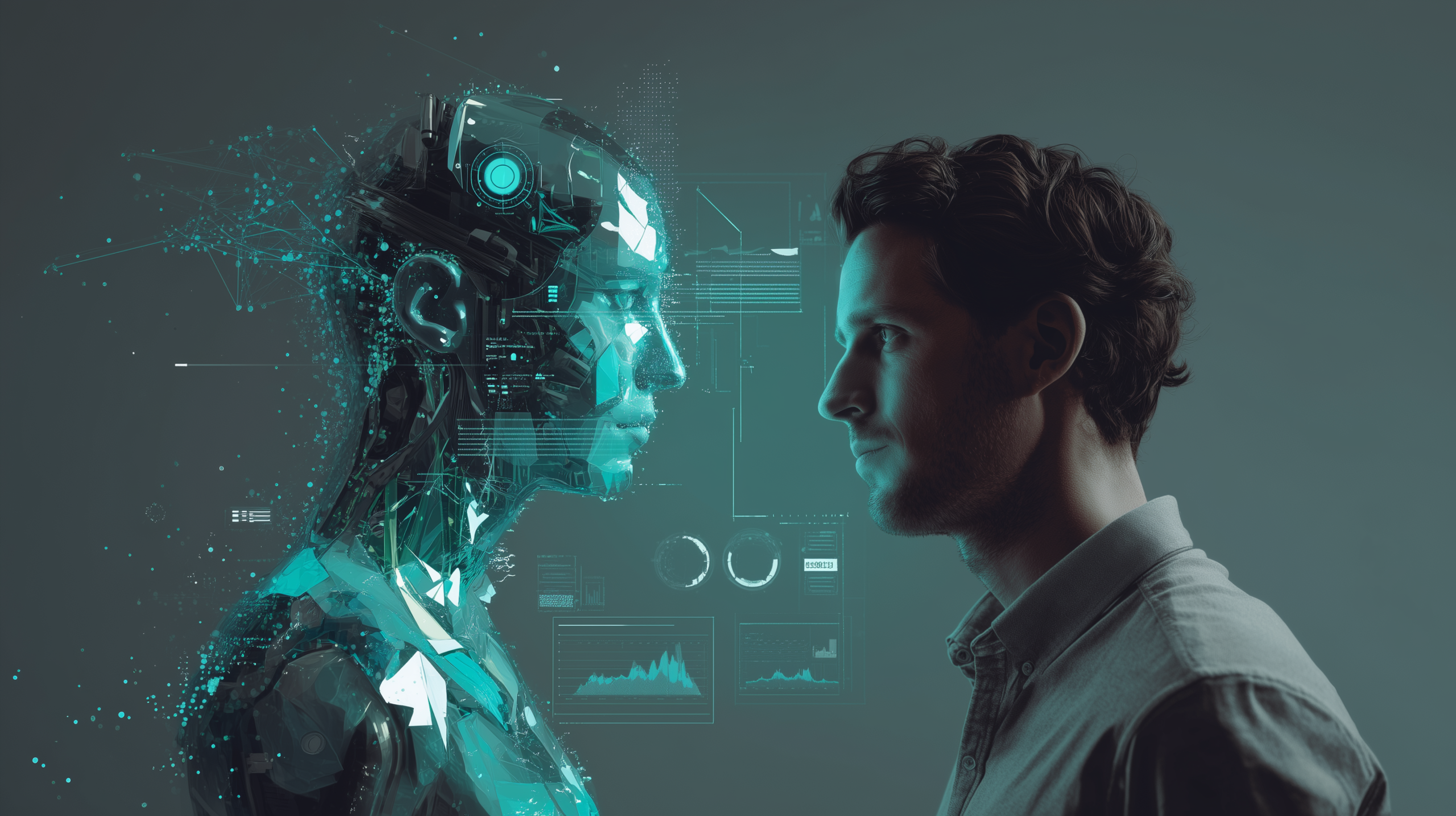 Um homem e uma figura robótica futurista se encaram, com elementos digitais e gráficos de dados flutuando ao redor do robô em um fundo azul-esverdeado.