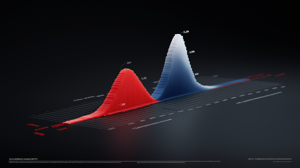 Um gráfico 3D de barras compara duas curvas de distribuição, uma vermelha mais larga e uma azul mais estreita e alta, em um fundo escuro.