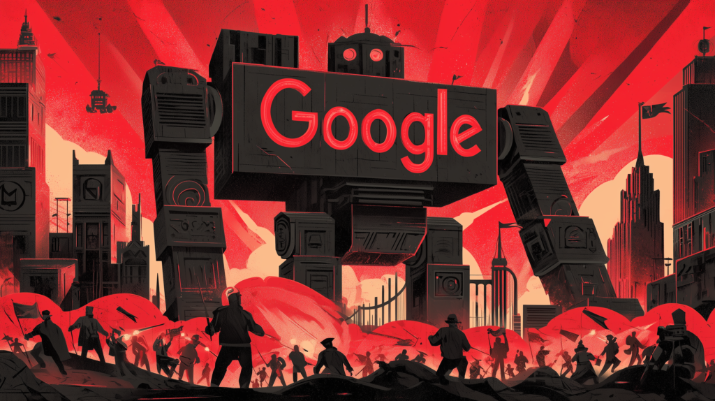 Um robô gigante e escuro com o logo "Google" vermelho domina uma cidade sob um céu vermelho, enquanto uma multidão de pessoas protesta abaixo.