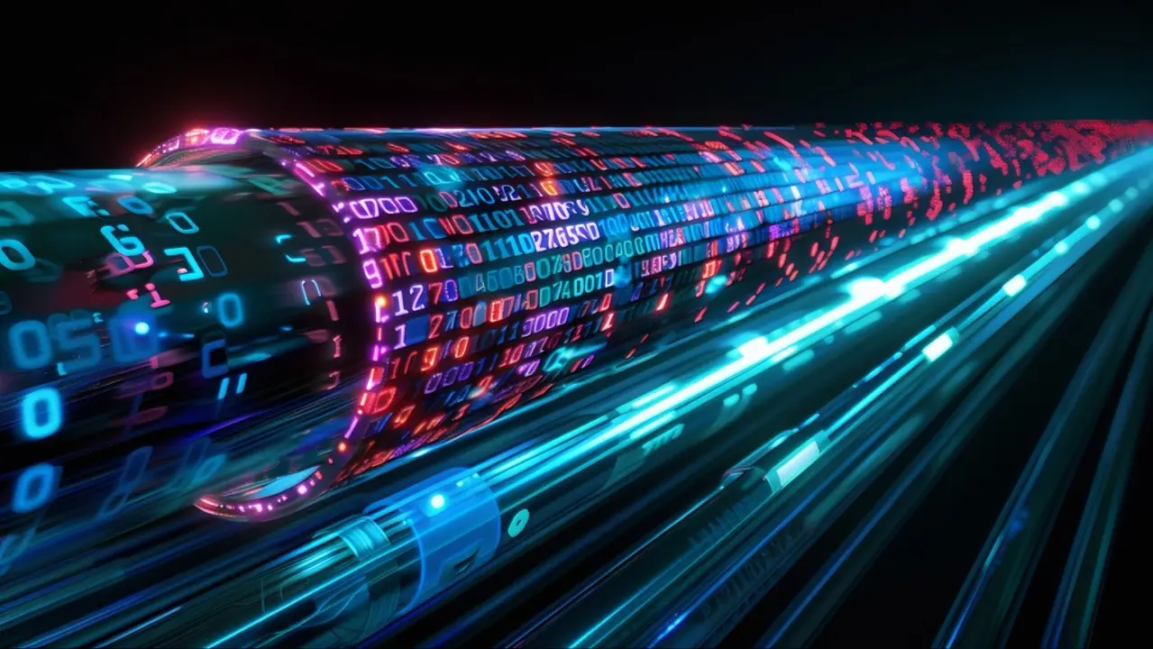 Uma representação vibrante de transmissão de dados em alta velocidade através de cabos de fibra óptica brilhantes, com números digitais e rastros de luz fluindo rapidamente.