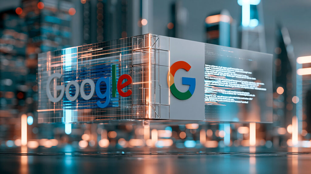 Uma estrutura digital translúcida com os logos Google e G coloridos, exibindo linhas de código, flutua em uma cidade futurista iluminada.