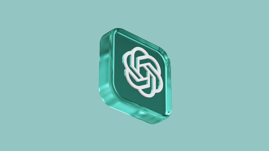 Um ícone 3D de vidro verde-água com o logo branco entrelaçado do ChatGPT, destacado em um fundo liso e claro.