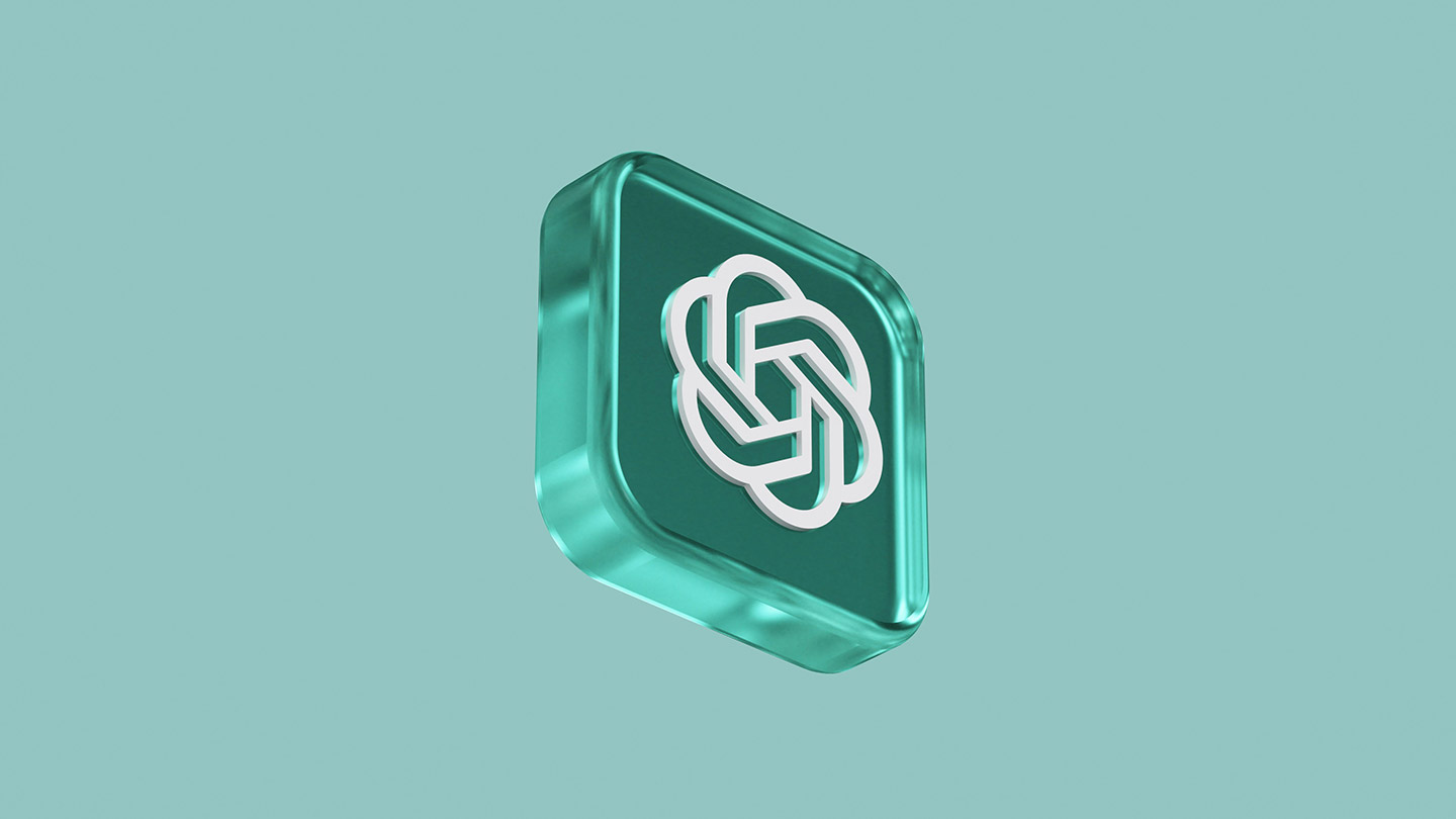Um ícone 3D de vidro verde-água com o logo branco entrelaçado do ChatGPT, destacado em um fundo liso e claro.