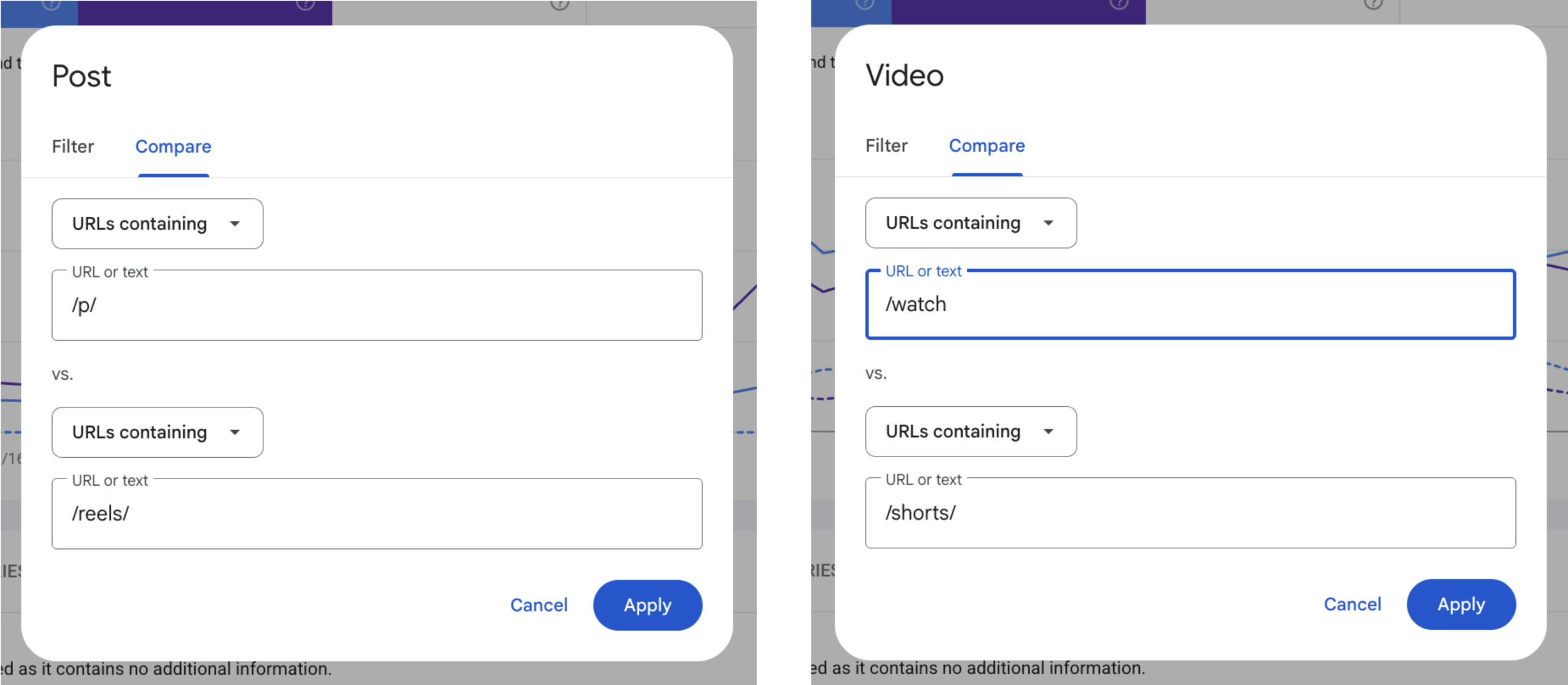 Interface do Search Console mostrando o modo de comparação de URLs: à esquerda, posts do Instagram comparando "/p/" contra "/reels/"; à direita, vídeos do YouTube comparando "/watch" contra "/shorts/".