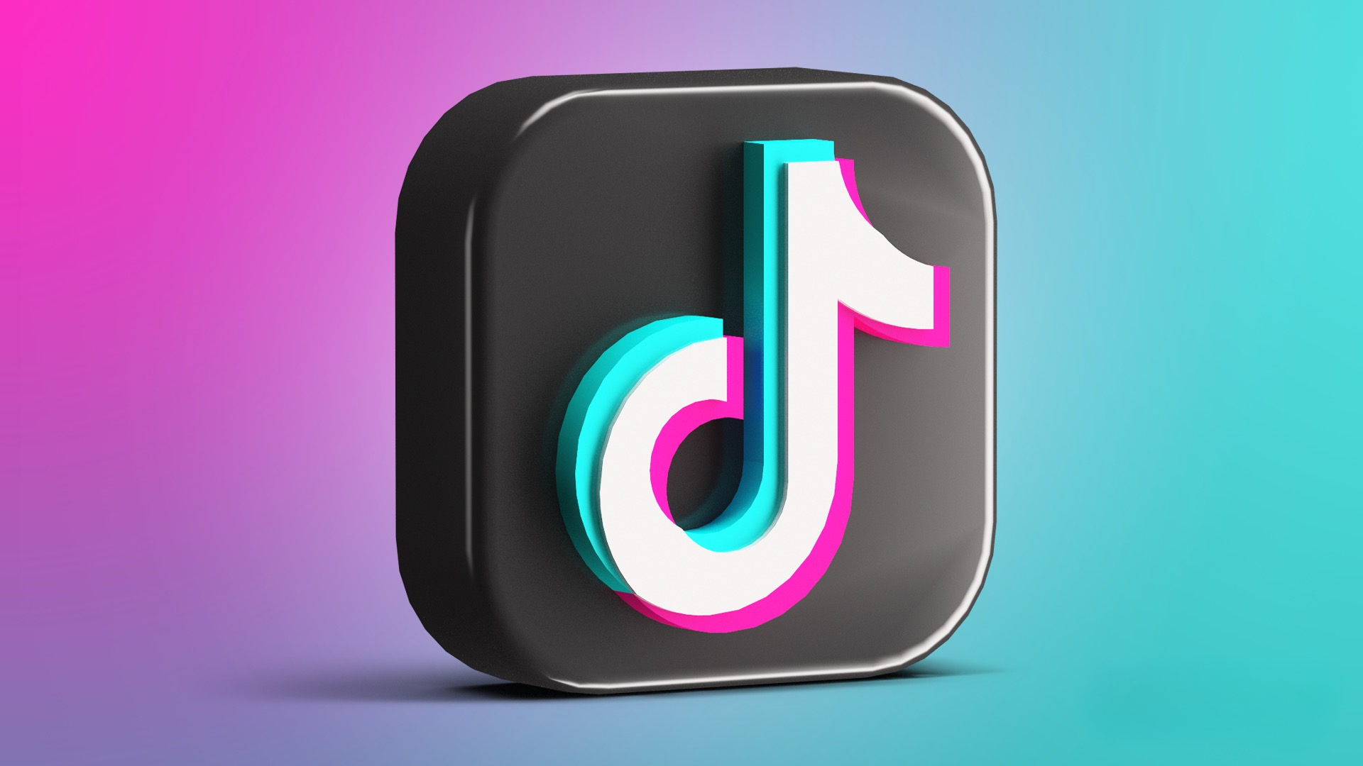 Um ícone 3D do TikTok, um quadrado preto com uma nota musical branca, ciano e magenta, sobre um fundo gradiente vibrante de rosa e azul.