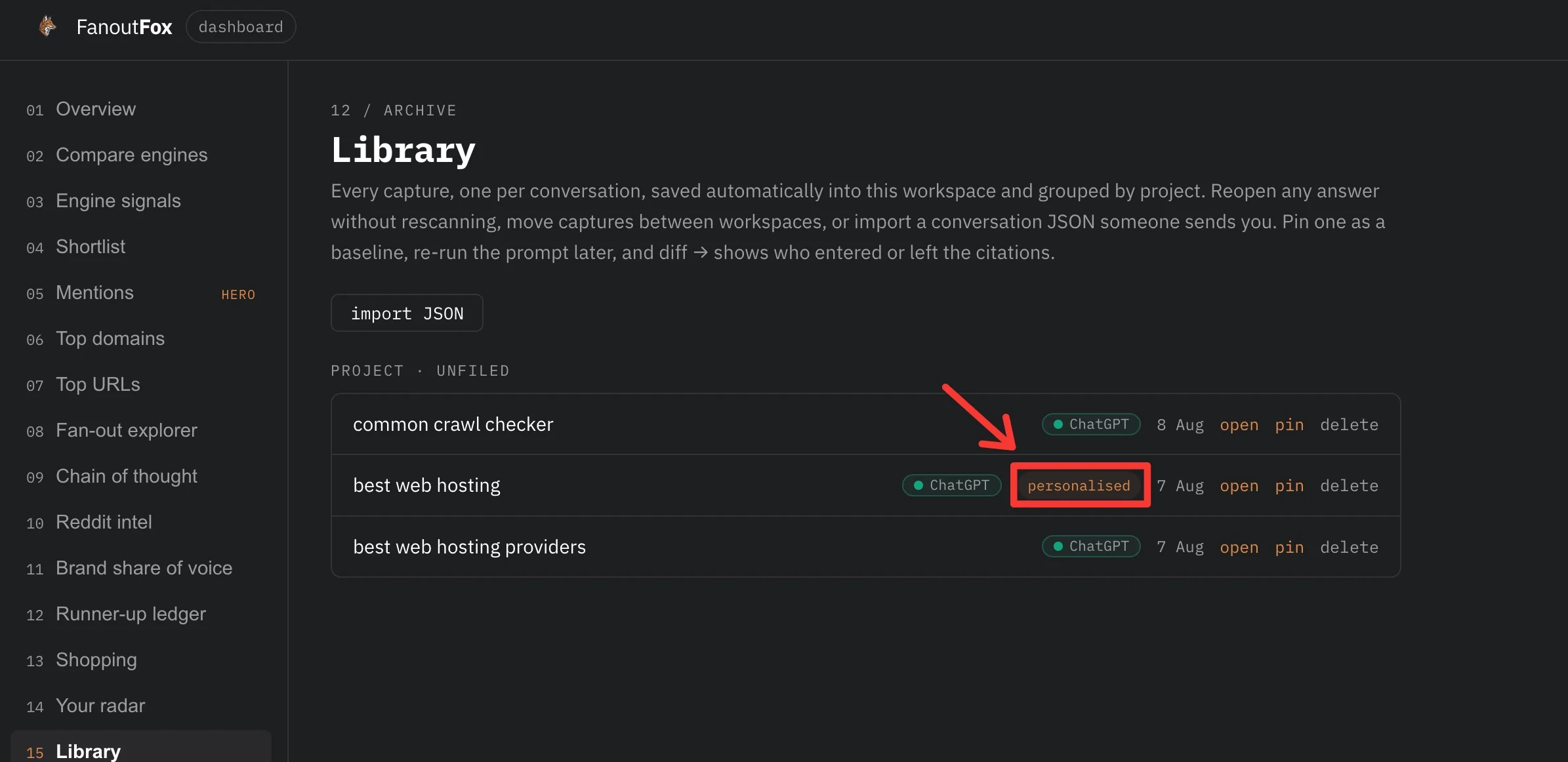 Interface escura do FanoutFox, seção "Library", com projetos listados. O item "best web hosting" exibe a etiqueta "personalised" destacada em vermelho, indicando conteúdo do ChatGPT.